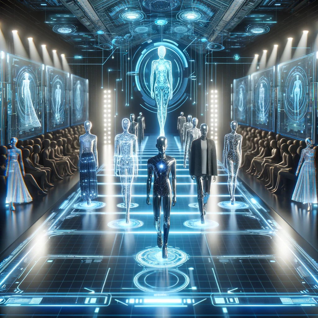 A digital rendering of a futuristic fashion show, with holographic models showcasing AI-designed apparel on a virtual runway.