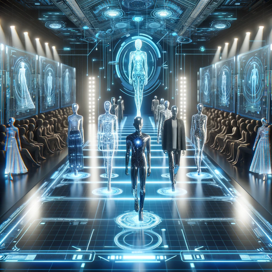 A digital rendering of a futuristic fashion show, with holographic models showcasing AI-designed apparel on a virtual runway.