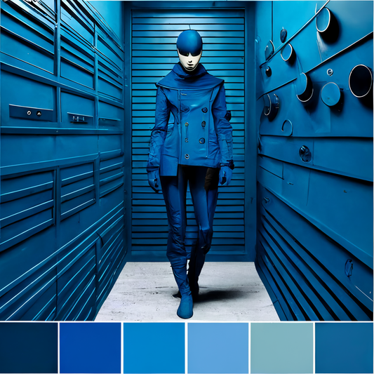 futuristic image of person walking using shades of blue