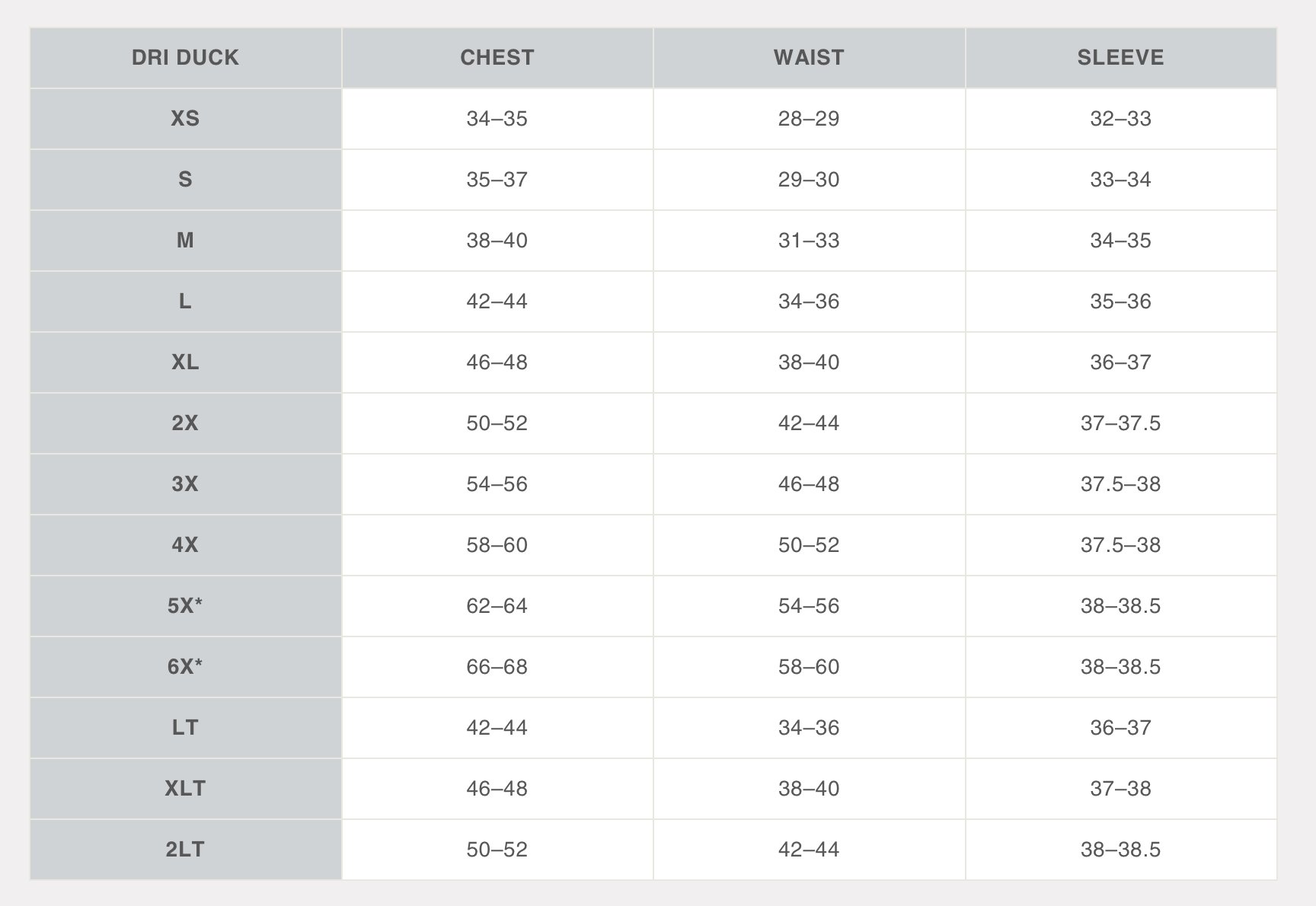 Dri duck 2025 size chart